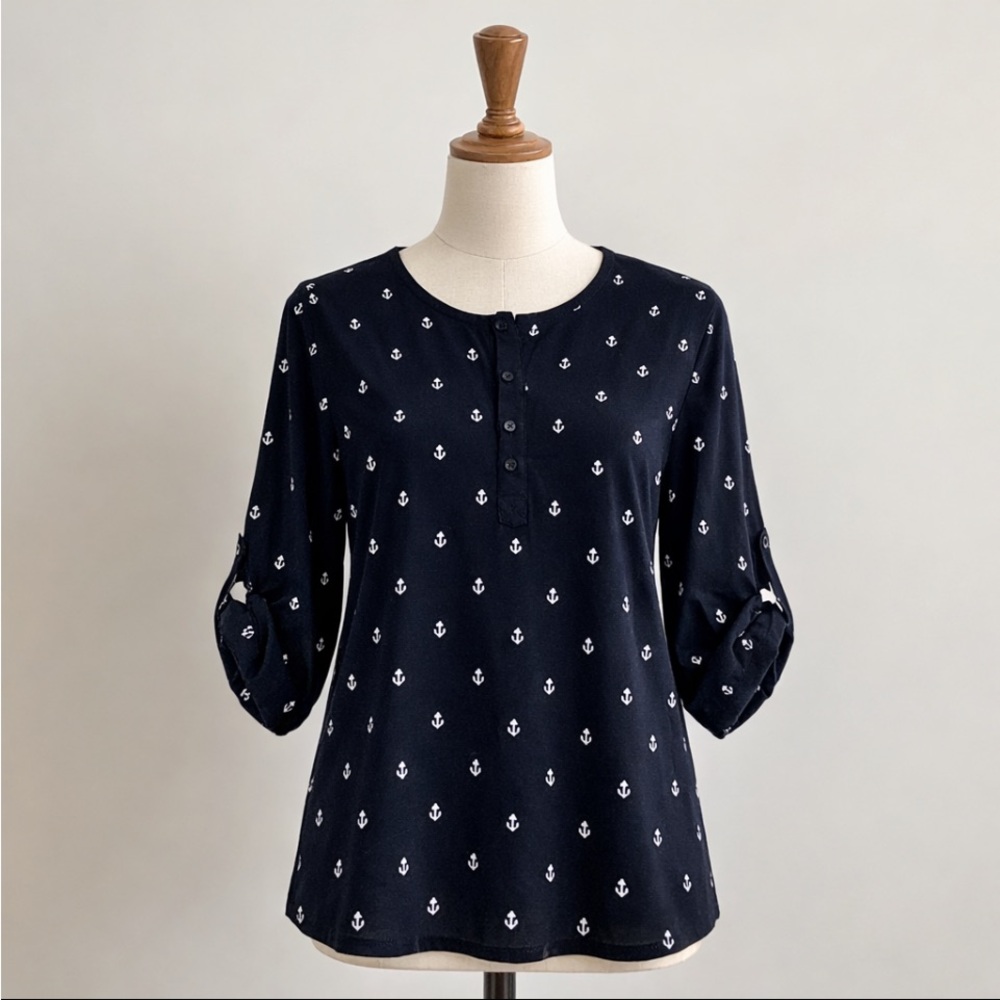 H&M Navy Anchor Print Blouse Henley Women's Size Medium 3/4 Sleeve Nautical